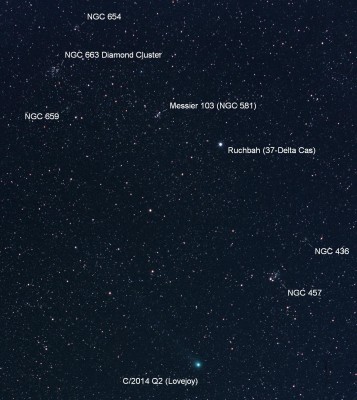 C2014 Q2 (Lovejoy) + NGC 457 Kachina Doll Cluster (Caldwell 13) _ Cassiopeia _ 06 03 2015 _ Michele Brusa _ 3a.JPG