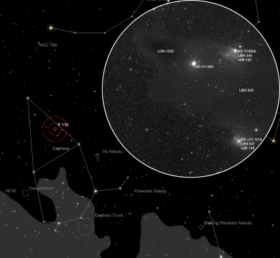 LDN 1235 (Lynds Dark Nebula - Beverly Turner Lynds) Shark Nebula=Dark Wolf Nebula→dark reflection nebula=molecular cloud+interstellar gas & dust complex_Ø 15 ly_densest & darkest part H-II region LBN 535_Cepheus_1.png